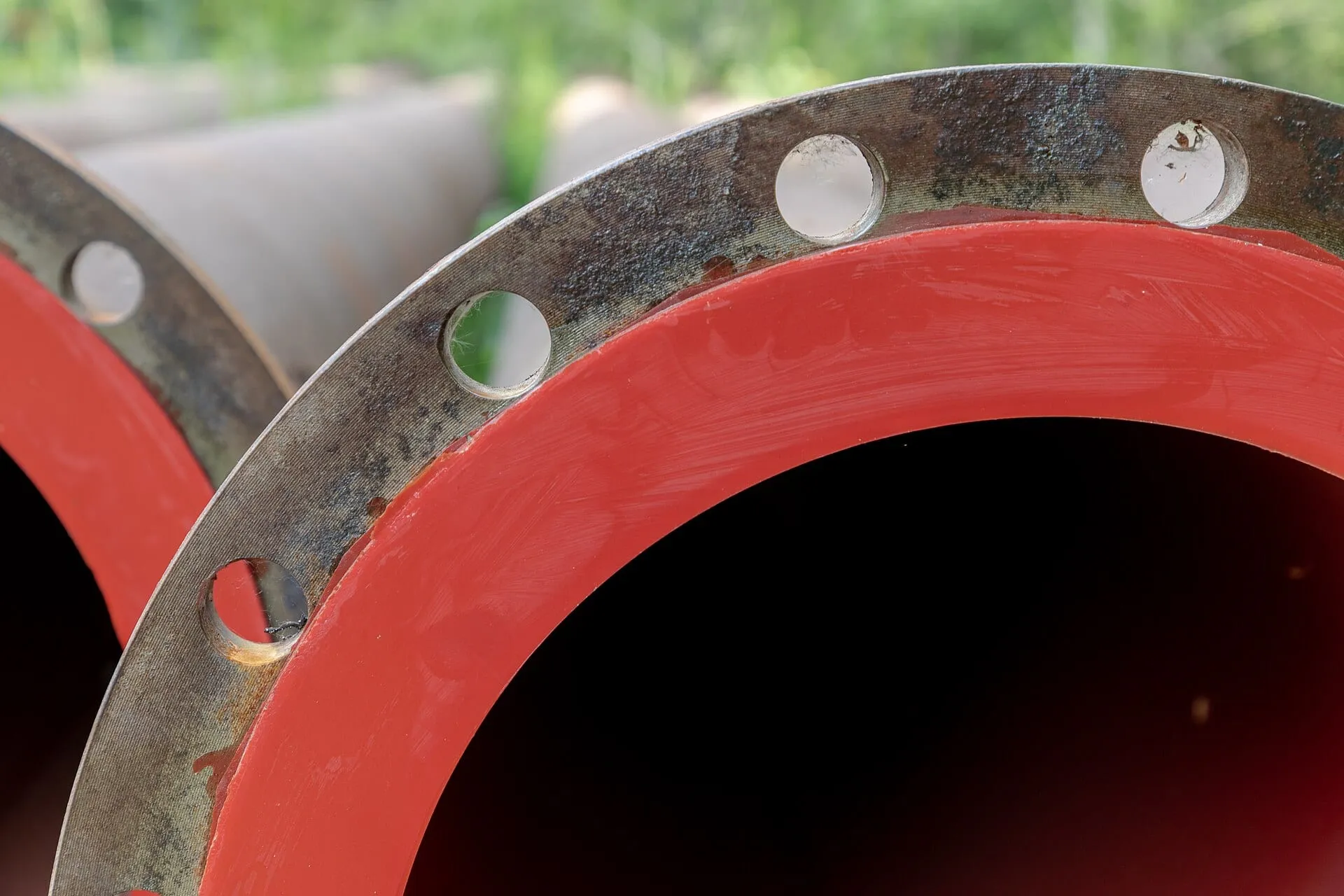 Flanged pipe sections prepared for installation