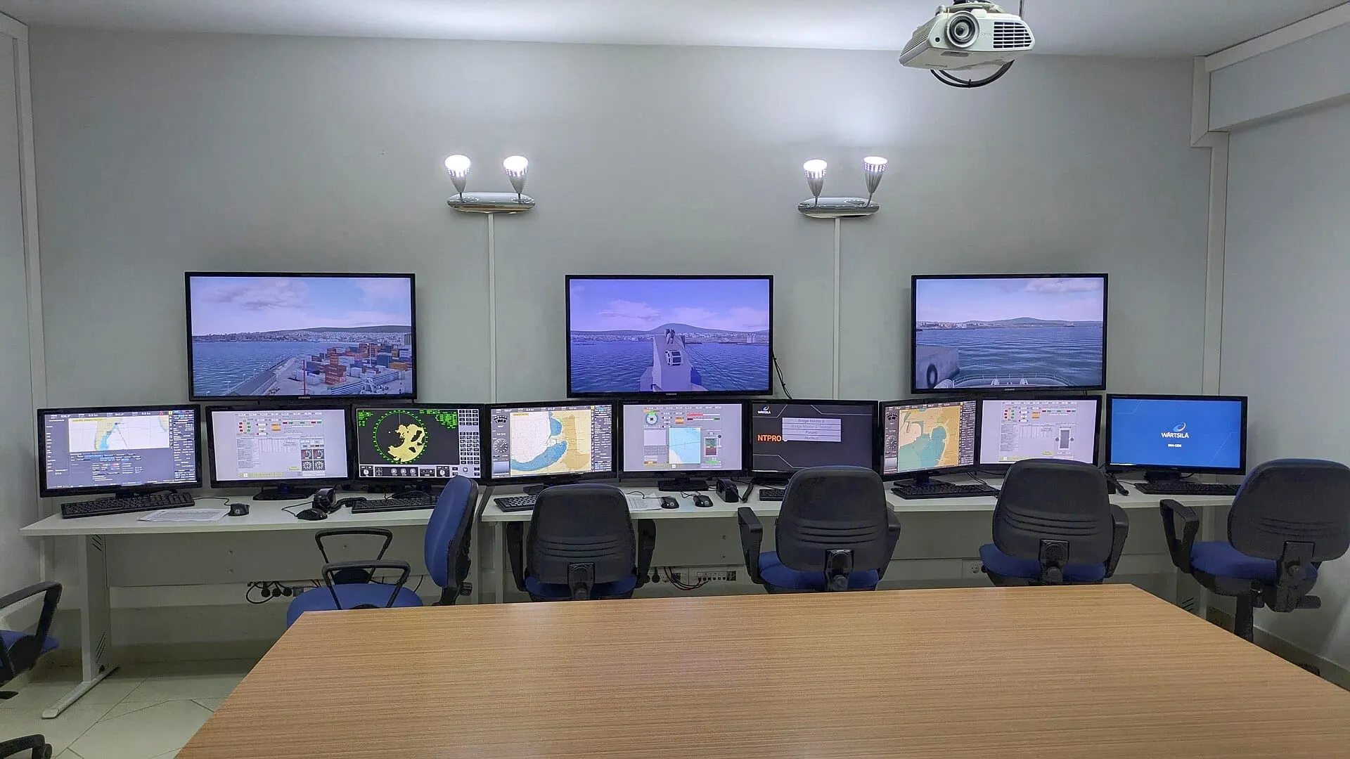 Bridge simulator room with navigation consoles